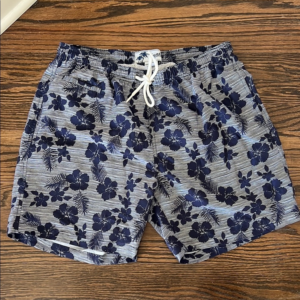 Blue Hawaiian Floral Swim Trunks, Size M